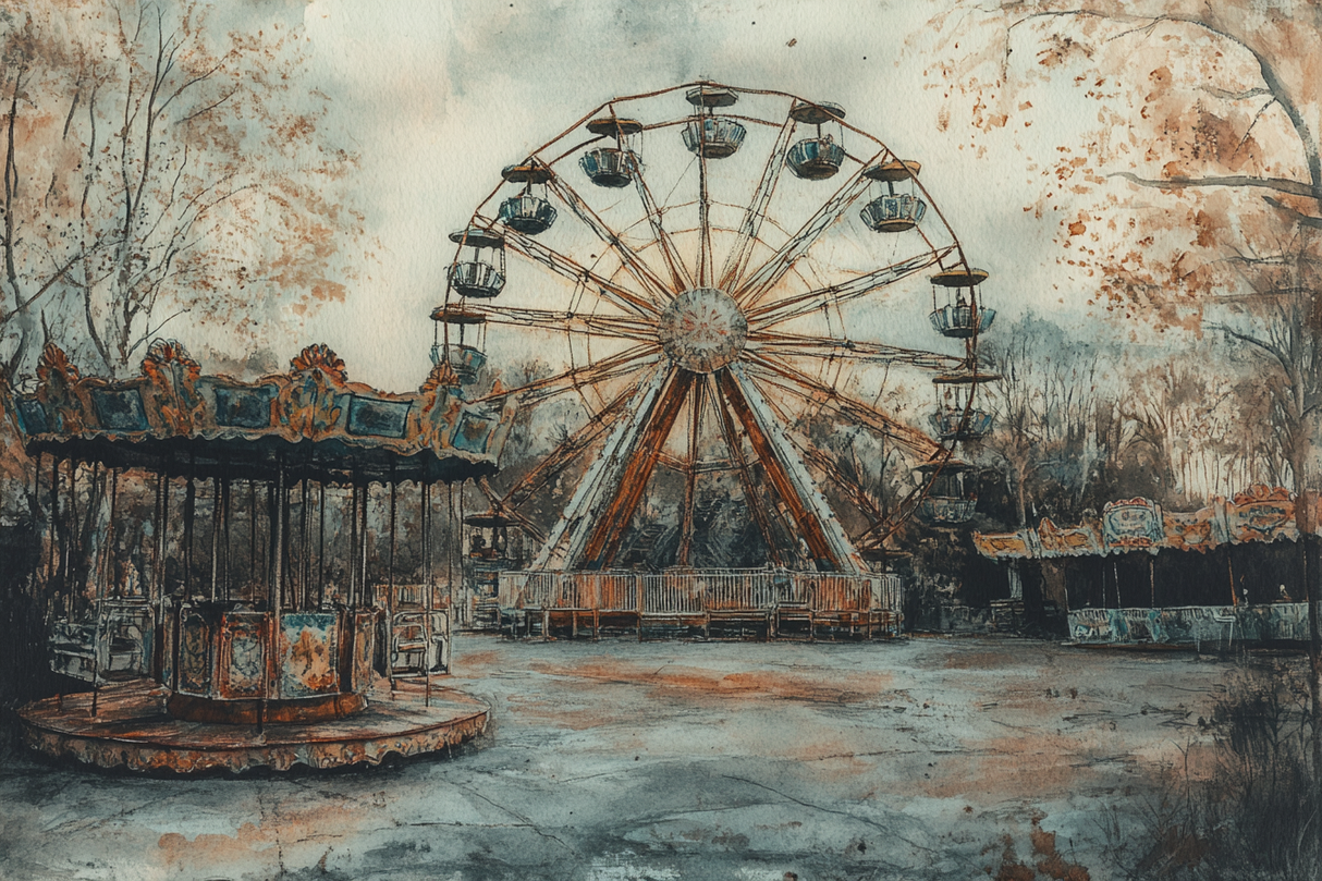 Abandoned amusement park scene featuring a Ferris wheel and carousel in a vintage style wall art canvas