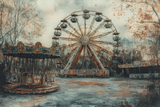 Abandoned amusement park scene featuring a Ferris wheel and carousel in a vintage style wall art canvas