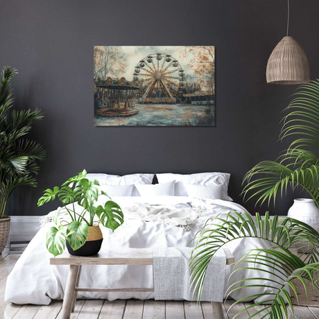 Wall Art Canvas featuring a serene ferris wheel scene, perfect for home decor in a stylish bedroom