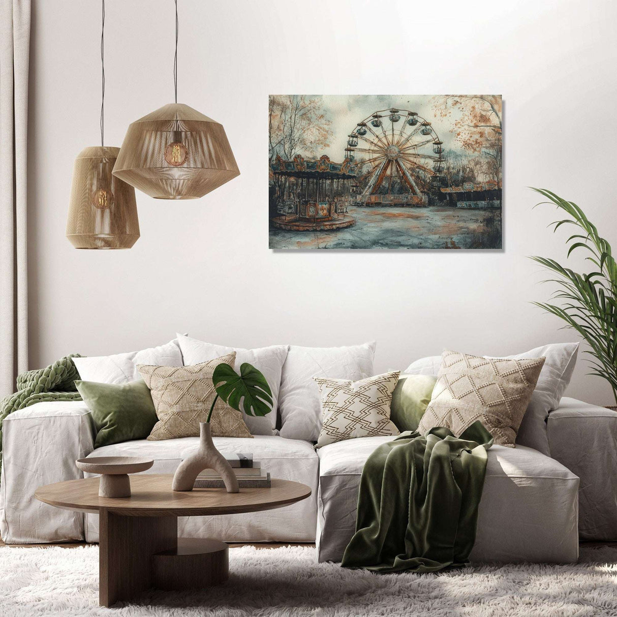 Wall Art Canvas featuring a serene ferris wheel scene in a peaceful living room setting