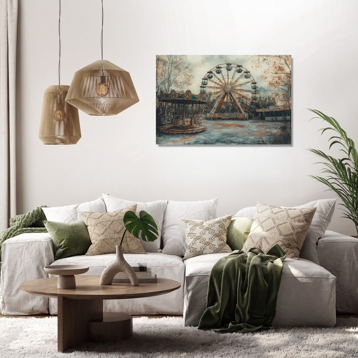 Wall Art Canvas featuring a serene ferris wheel scene in a peaceful living room setting