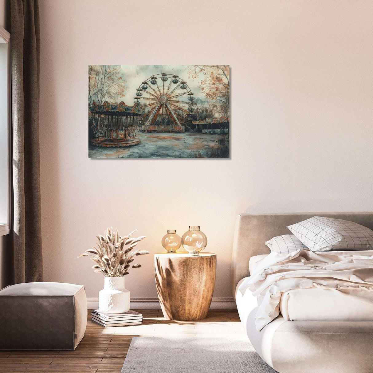 Wall Art Canvas featuring a vintage ferris wheel in a serene home setting