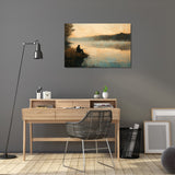 Beautiful Wall Art Canvas featuring a serene fishing scene by a lake at sunset