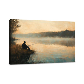 Serene Wall Art Canvas depicting a fisherman by a tranquil lake at sunrise