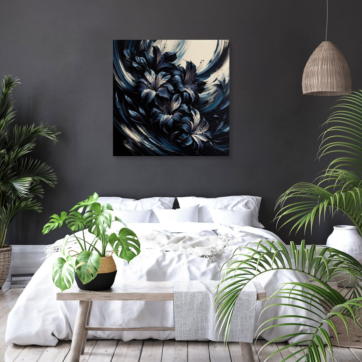 Stylish Wall Art Canvas featuring dark floral design, perfect for modern bedroom decor