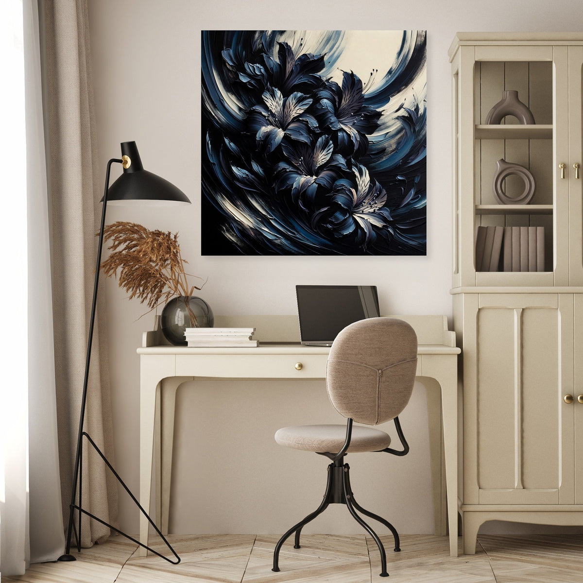 Abstract floral design Wall Art Canvas in a stylish home office setting
