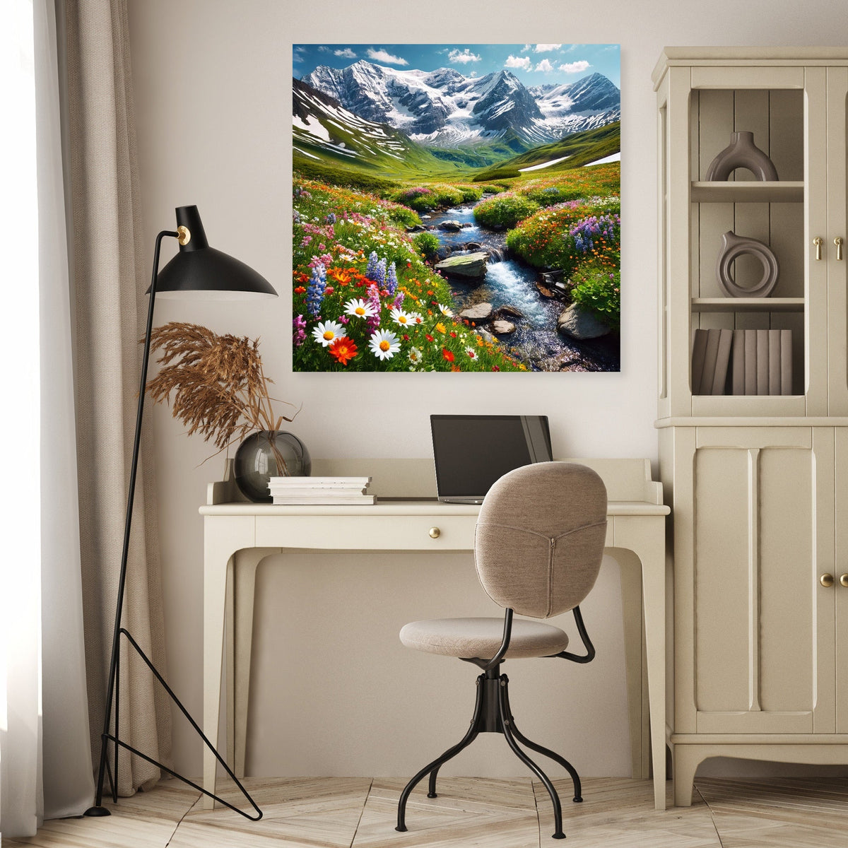 Scenic Wall Art Canvas featuring a serene mountain view with wildflowers and a flowing stream