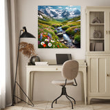 Scenic Wall Art Canvas featuring a serene mountain view with wildflowers and a flowing stream