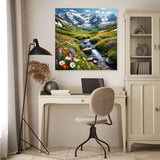 Scenic Wall Art Canvas featuring a serene mountain view with wildflowers and a flowing stream