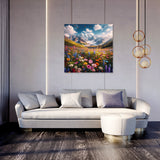 Beautiful wall art canvas featuring a vibrant floral landscape with mountains and blue sky