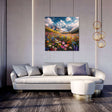 Beautiful wall art canvas featuring a vibrant floral landscape with mountains and blue sky