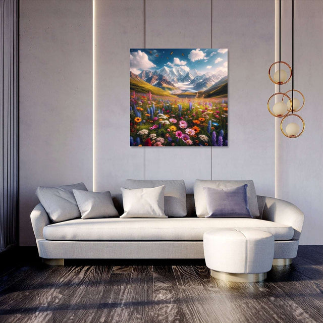 Beautiful wall art canvas featuring a vibrant floral landscape with mountains and blue sky
