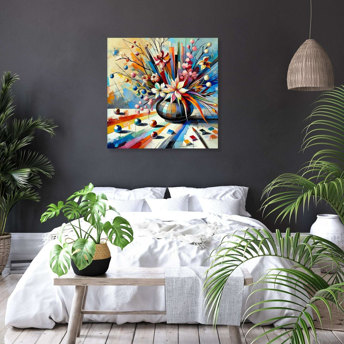 Vibrant wall art canvas featuring abstract flowers in a vase for contemporary home decor