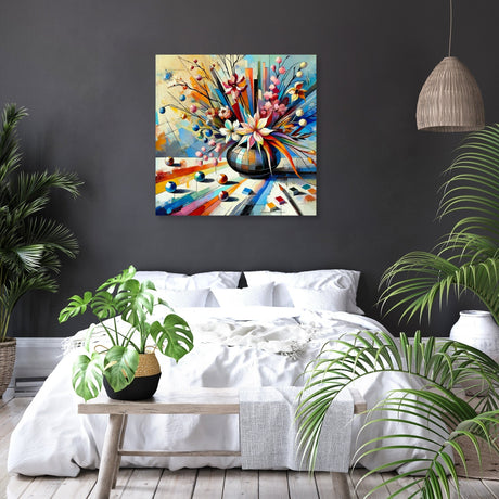 Vibrant wall art canvas featuring abstract flowers in a vase for contemporary home decor