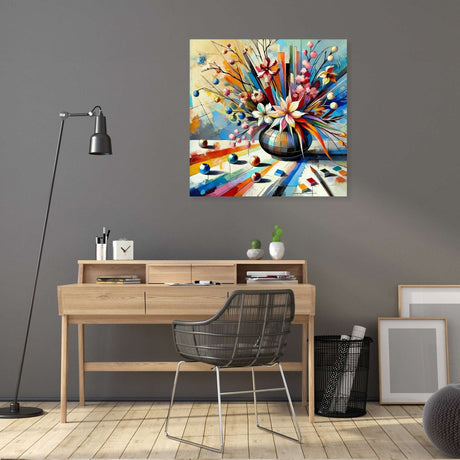 Vibrant Wall Art Canvas featuring a vase of flowers brightening up a modern workspace