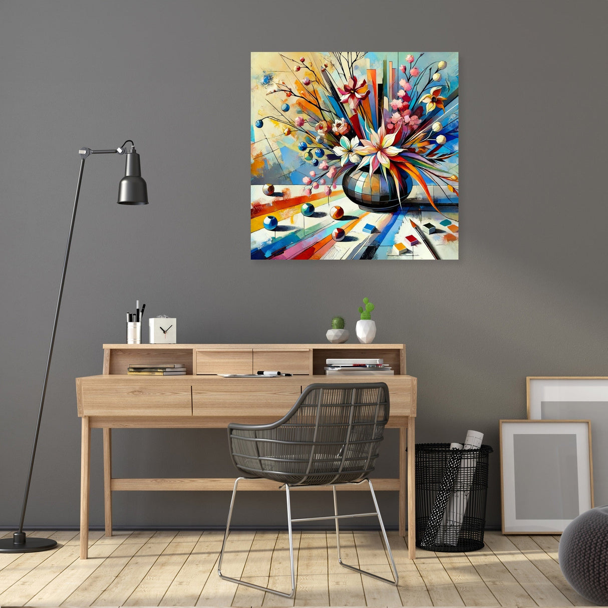 Vibrant Wall Art Canvas featuring a vase of flowers brightening up a modern workspace