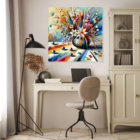 Colourful floral wall art canvas in a modern setting, adding vibrant decor to any room
