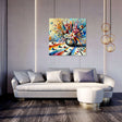 Bright and colourful wall art canvas featuring a floral vase on a modern living room wall