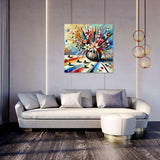 Bright and colourful wall art canvas featuring a floral vase on a modern living room wall