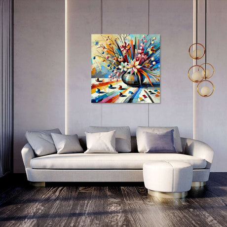 Bright and colourful wall art canvas featuring a floral vase on a modern living room wall