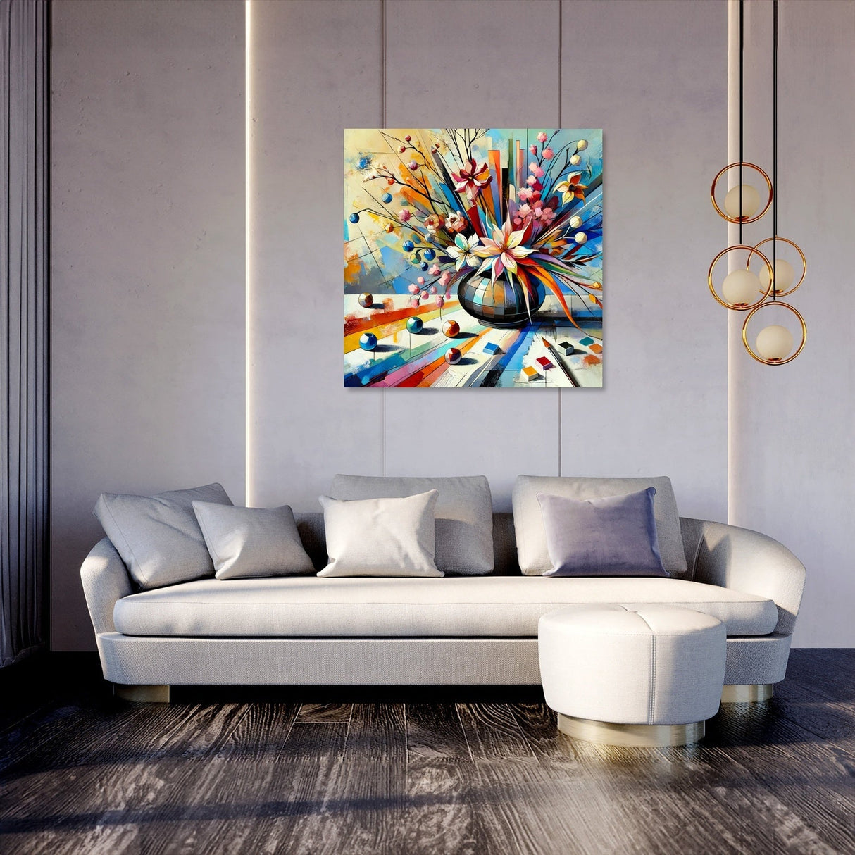 Bright and colourful wall art canvas featuring a floral vase on a modern living room wall