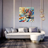 Bright and colourful wall art canvas featuring a floral vase on a modern living room wall