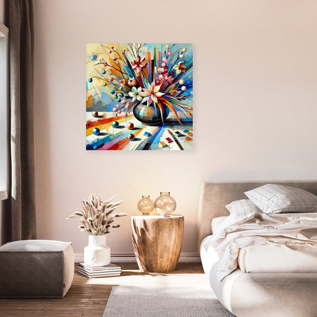 Vibrant Wall Art Canvas featuring a colourful vase of flowers, enhancing modern bedroom decor