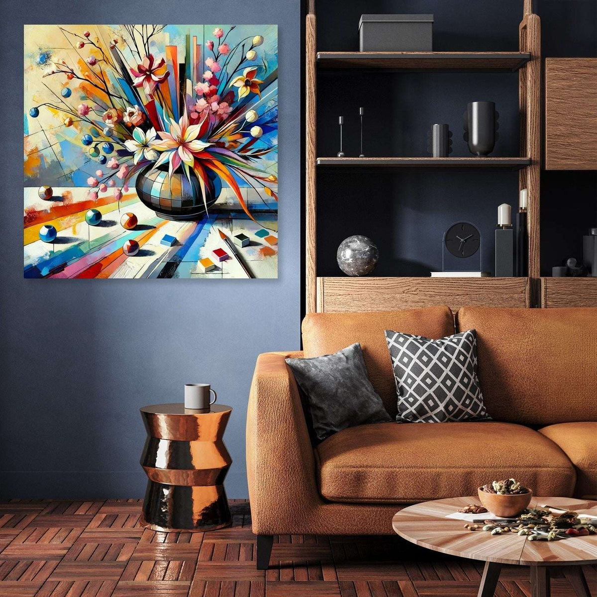 Vibrant wall art canvas featuring a floral arrangement in a modern living room setting