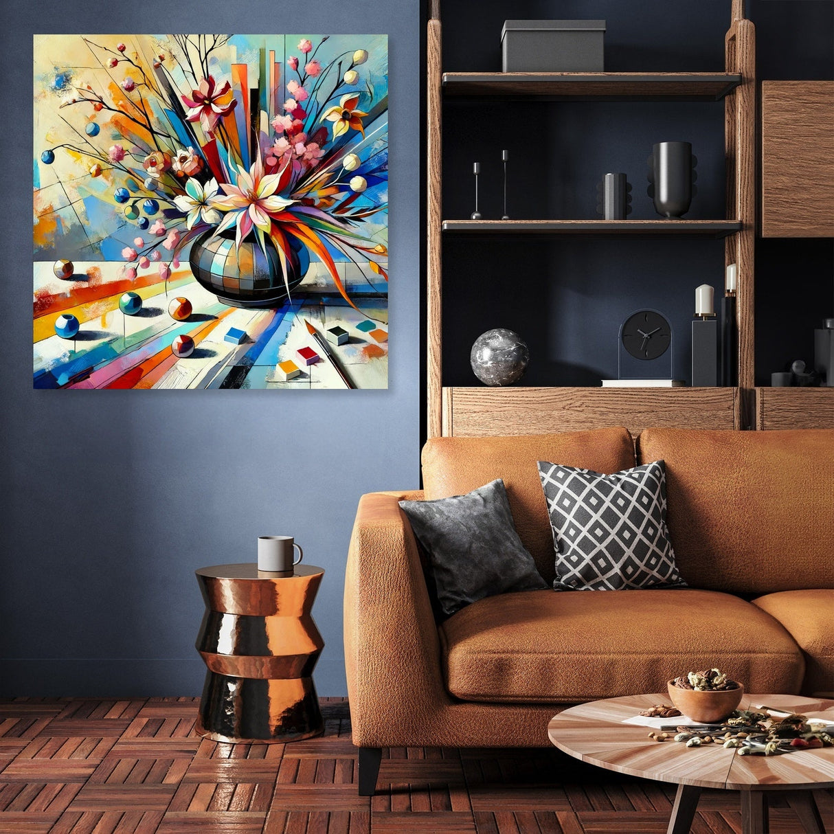 Vibrant wall art canvas featuring a floral arrangement in a modern living room setting