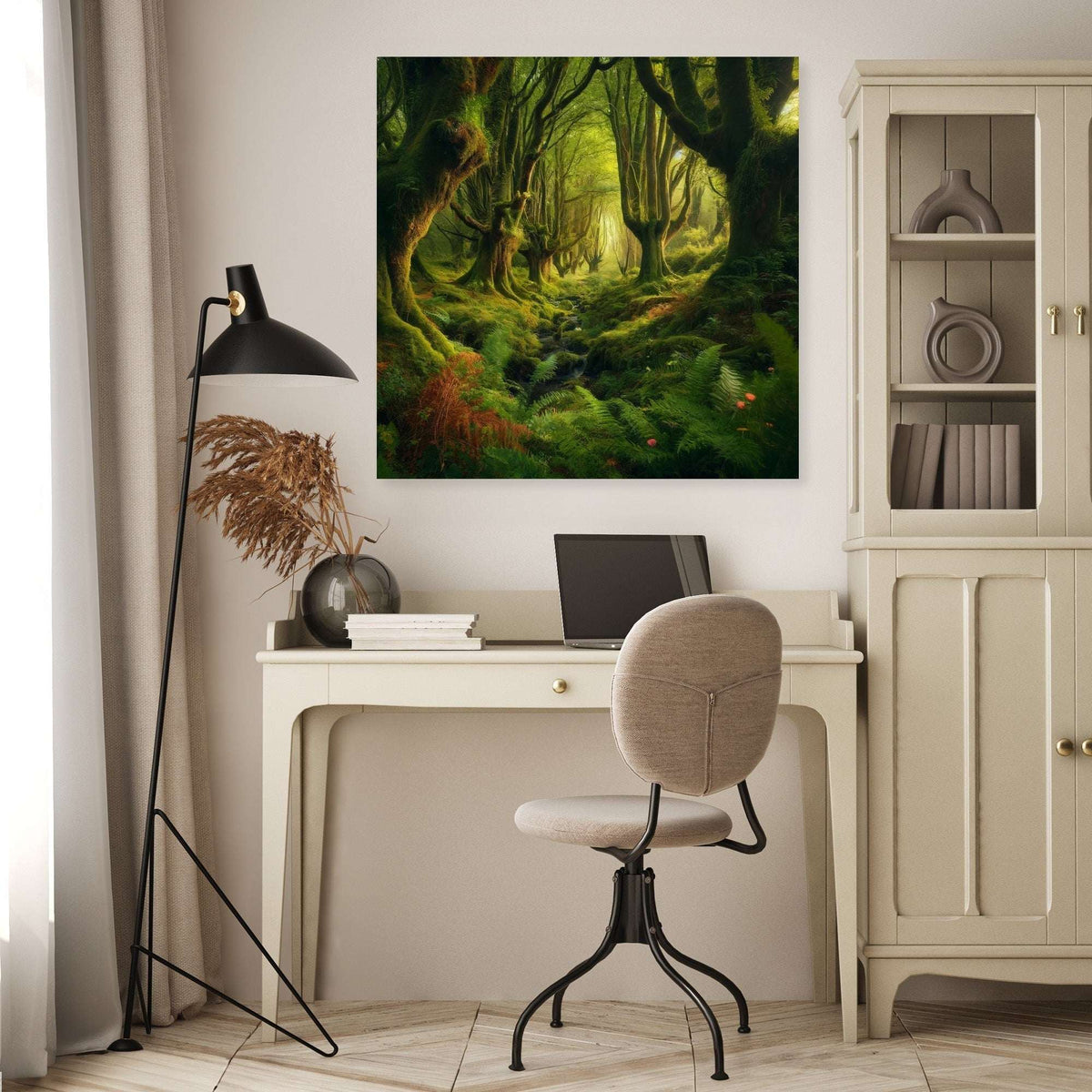 Lush green forest Wall Art Canvas enhancing a modern home office interior with natural light