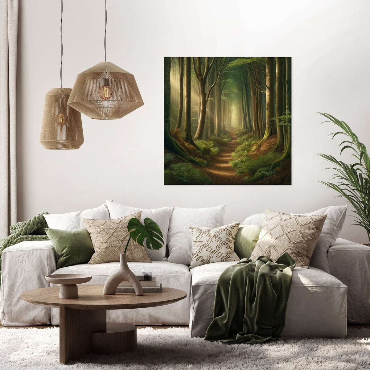 Serene forest scene wall art canvas depicting a peaceful path surrounded by lush trees