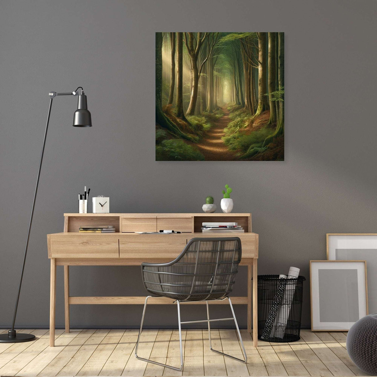 Lush Forest Wall Art Canvas depicting a serene pathway through tall trees for a tranquil home atmosphere