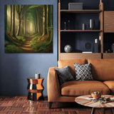 Serene forest scene wall art canvas featuring tall trees and a winding path in a cosy living room