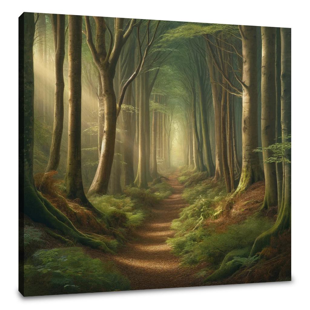 Serene Wall Art Canvas depicting a lush forest pathway with tall trees and soft light filtering through