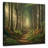 Serene Wall Art Canvas depicting a lush forest pathway with tall trees and soft light filtering through