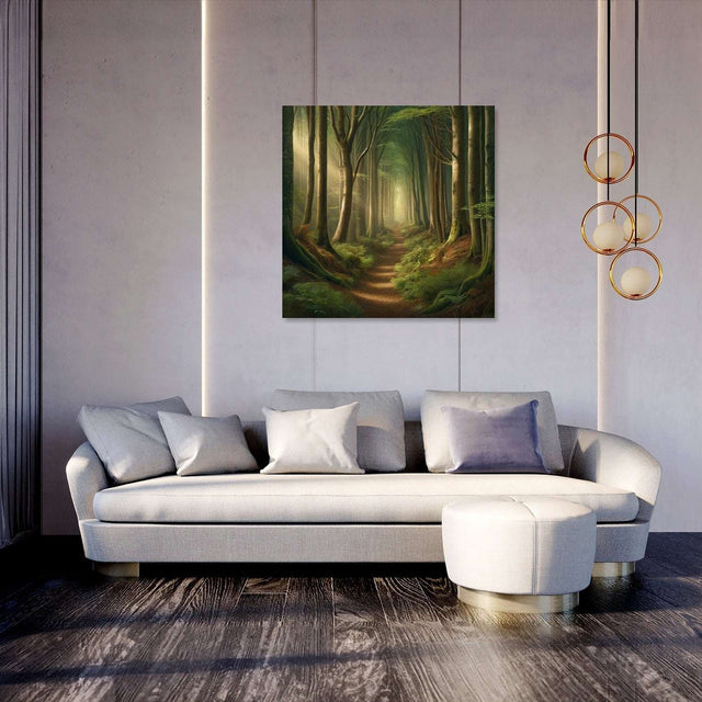 Beautiful Wall Art Canvas depicting a serene forest pathway with lush greenery in a modern living room