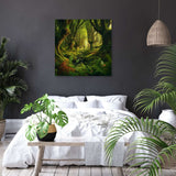 Lush green forest wall art canvas brightening a modern bedroom with plants and neutral decor