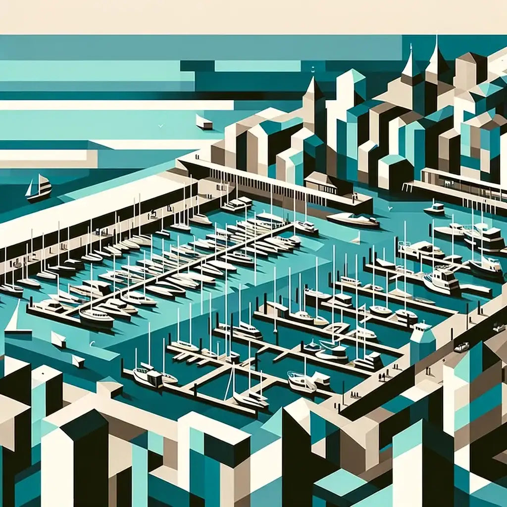 Stylish Wall Art Canvas featuring a geometric city harbour scene with boats and buildings