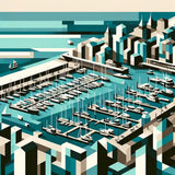 Stylish Wall Art Canvas featuring a geometric city harbour scene with boats and buildings