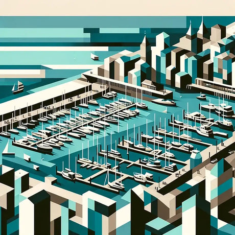 Stylish Wall Art Canvas featuring a geometric city harbour scene with boats and buildings
