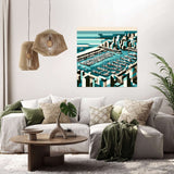Modern wall art canvas featuring a stylised marina view, enhancing contemporary home decor