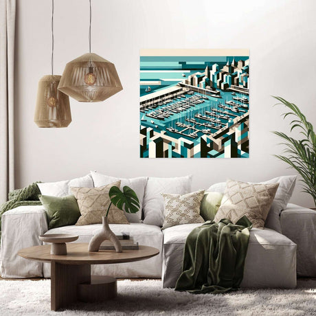 Modern wall art canvas featuring a stylised marina view, enhancing contemporary home decor