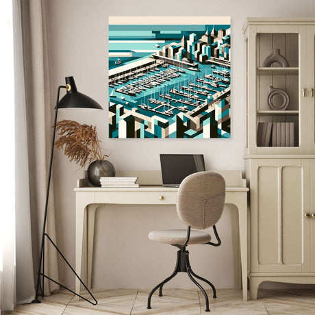 Stylish Wall Art Canvas depicting a marina with blue water and modern buildings for home decor