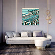 Modern Wall Art Canvas featuring a vibrant city marina scene above a stylish sofa in a contemporary living room
