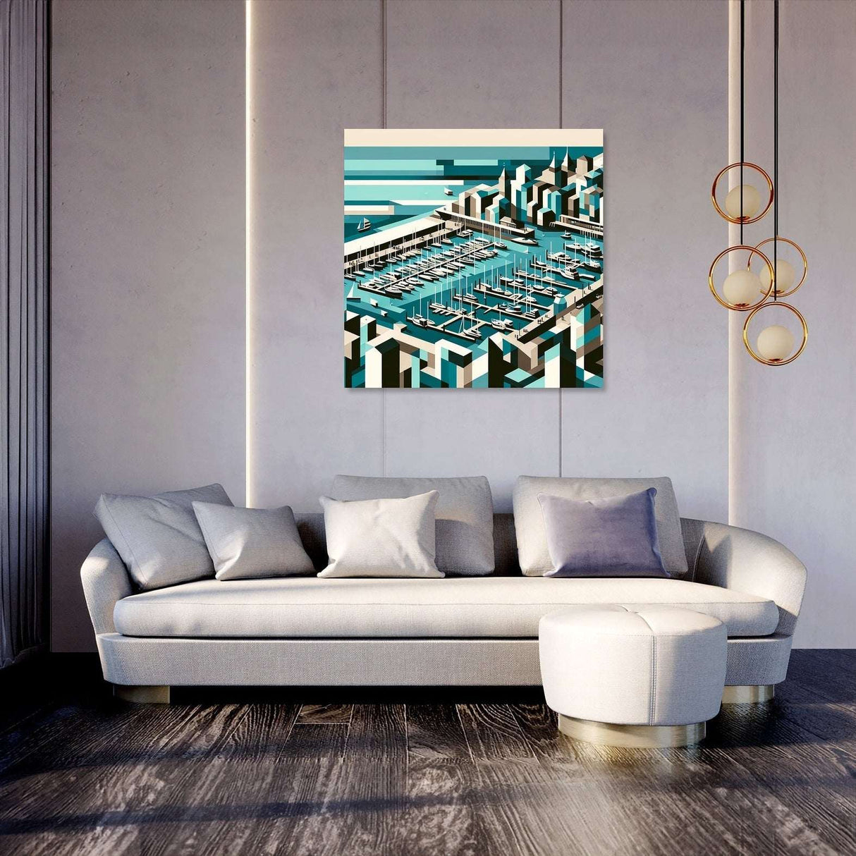 Modern Wall Art Canvas featuring a vibrant city marina scene above a stylish sofa in a contemporary living room