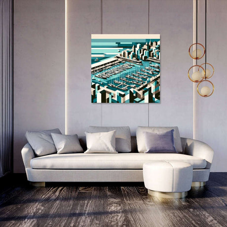 Modern Wall Art Canvas featuring a vibrant city marina scene above a stylish sofa in a contemporary living room