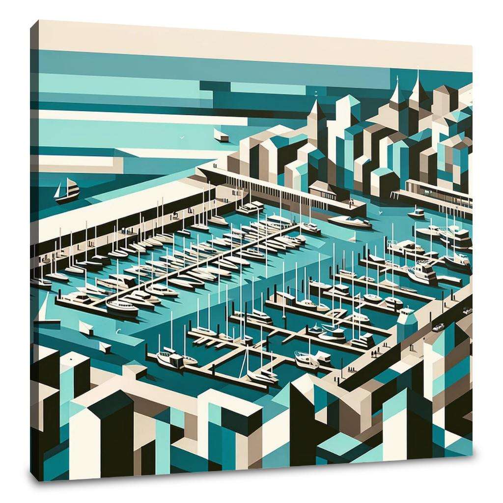 Abstract Wall Art Canvas featuring a geometric marina scene with boats and buildings
