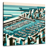 Abstract Wall Art Canvas featuring a geometric marina scene with boats and buildings
