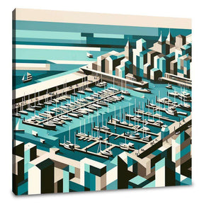 Abstract Wall Art Canvas featuring a geometric marina scene with boats and buildings