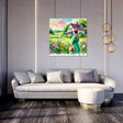 Beautiful wall art canvas depicting a serene landscape with a girl in a green dress by a house
